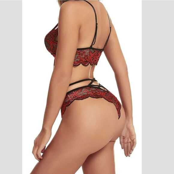 🔥 Sexy Red & Black Lingerie Set Bra & Panties - Picture 3 of 7